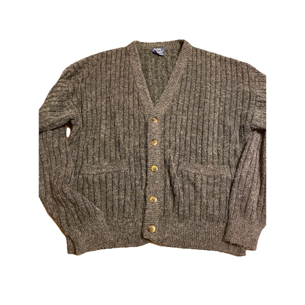 Vtg John Blair Cardigan Ribbed ButtonUp Large Charcoal Grey Grandpacore Academia